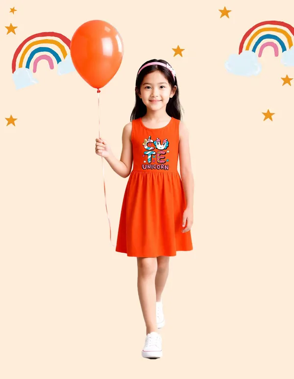 Nusyl_Girls_Orange_&_Hot_Pink_Cute_Unicorn_Text_Printed_Pack_Of_2_Dresses_Soft_&_Comfortable_Dresses_Cozy_Summer_Wear_For_Kids_&_Teen_Girls