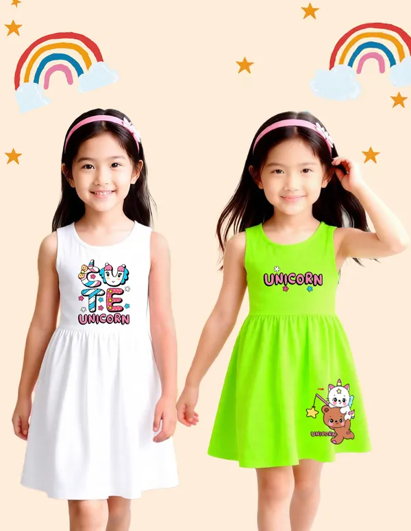 Nusyl_Girls_White_&_Green_Teddy_Printed_&_Unicorn_Printed_Pack_Of_2_Dresses_Soft_&_Comfortable_Dresses_Cozy_Summer_Wear_For_Kids_&_Teen_Girls