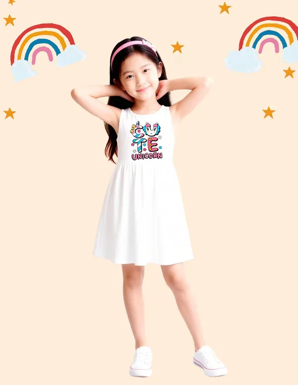 Nusyl_Girls_White_&_Green_Teddy_Printed_&_Unicorn_Printed_Pack_Of_2_Dresses_Soft_&_Comfortable_Dresses_Cozy_Summer_Wear_For_Kids_&_Teen_Girls