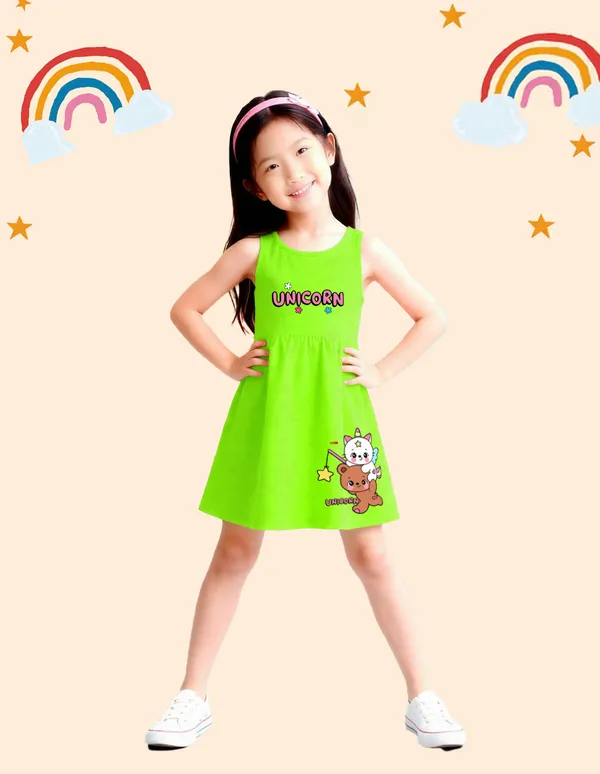 Nusyl_Girls_White_&_Green_Teddy_Printed_&_Unicorn_Printed_Pack_Of_2_Dresses_Soft_&_Comfortable_Dresses_Cozy_Summer_Wear_For_Kids_&_Teen_Girls