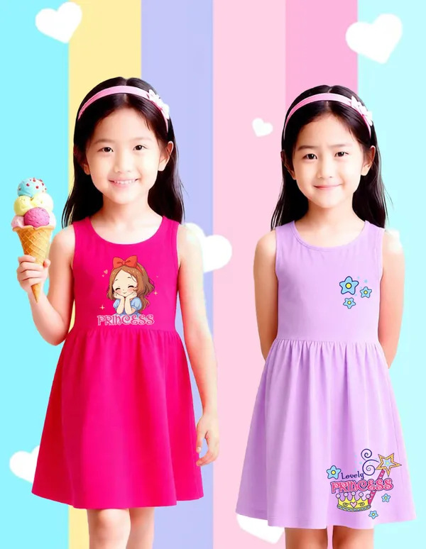 Nusyl_Girls_Hot_Pink_&_Lilac_Girls_Printed_&_Princess_Text_Printed_Pack_Of_2_Dresses_Soft_&_Comfortable_Dresses_Cozy_Summer_Wear_For_Kids_&_Teen_Girls