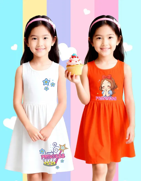 Nusyl_Girls_White_&_Orange_Princess_Text_Printed_&_Wand_Printed_Pack_Of_2_Dresses_Soft_&_Comfortable_Dresses_Cozy_Summer_Wear_For_Kids_&_Teen_Girls