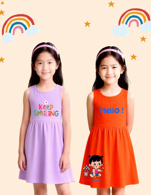 Nusyl_Girls_Lilac_&_Orange_Keep_Smiling_Text_Printed_Pack_Of_2_Dresses_Soft_&_Comfortable_Dresses_Cozy_Summer_Wear_For_Kids_&_Teen_Girls
