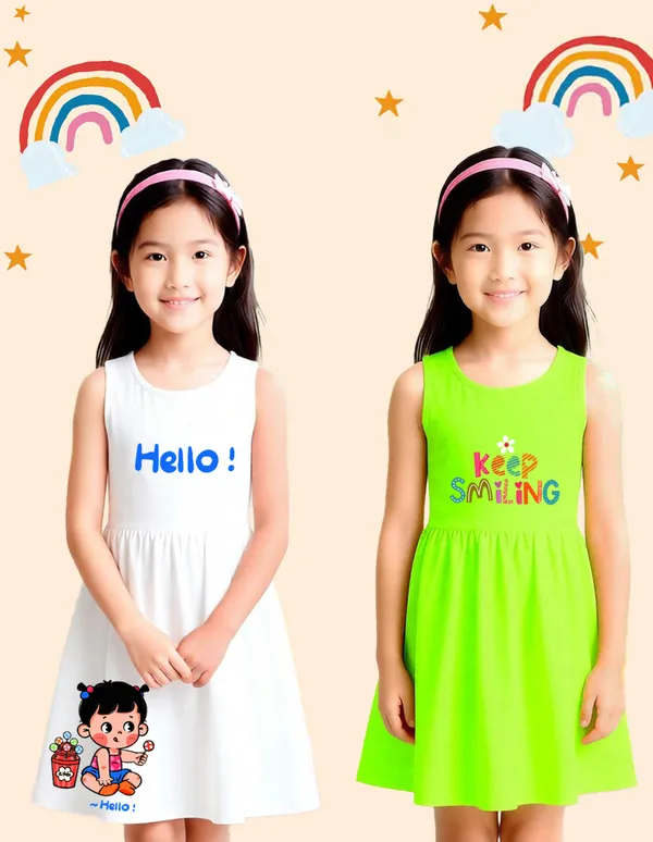 Nusyl_Girls_White_&_Green_Girls_Printed_&_Hello_Text_Printed_Pack_Of_2_Dresses_Soft_&_Comfortable_Dresses_Cozy_Summer_Wear_For_Kids_&_Teen_Girls