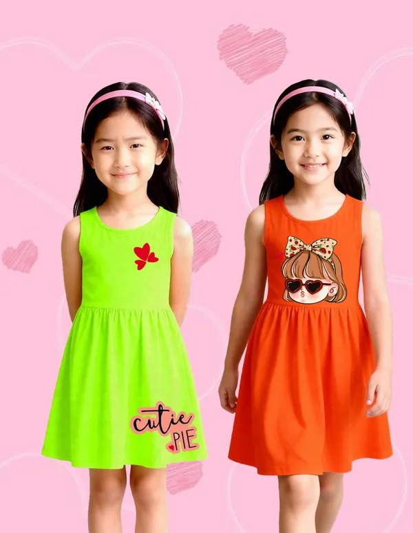 Nusyl_Girls_Green_&_Orange_Cutie_Pie_Text_Printed_Pack_Of_2_Dresses_Soft_&_Comfortable_Dresses_Cozy_Summer_Wear_For_Kids_&_Teen_Girls