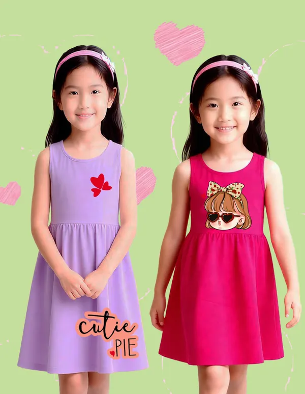 Nusyl_Girls_Lilac_&_Hot_Pink_Girls_With_Heart_Eye_Sunglasses_Printed_Pack_Of_2_Dresses_Soft_&_Comfortable_Dresses_Cozy_Summer_Wear_For_Kids_&_Teen_Girls