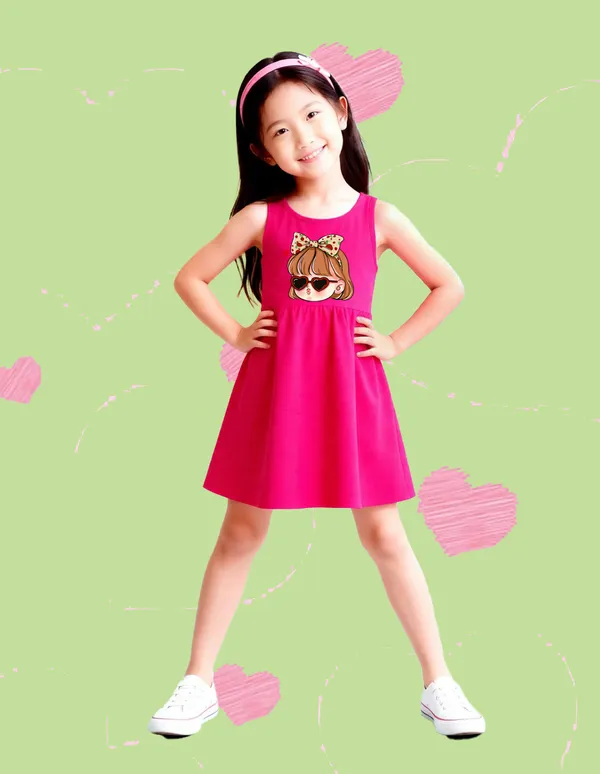Nusyl_Girls_Lilac_&_Hot_Pink_Girls_With_Heart_Eye_Sunglasses_Printed_Pack_Of_2_Dresses_Soft_&_Comfortable_Dresses_Cozy_Summer_Wear_For_Kids_&_Teen_Girls