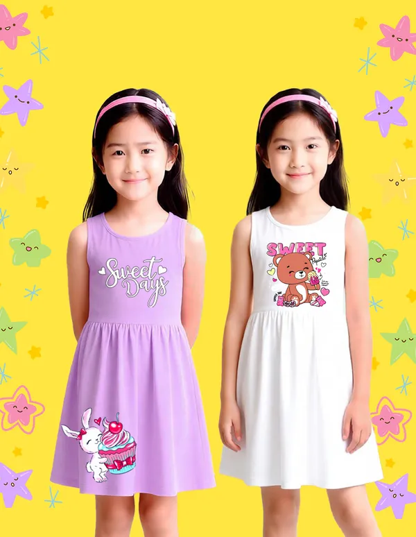 Nusyl_Girls_Lilac_&_White_Bunny_With_Cupcake_Printed_Pack_Of_2_Dresses_Soft_&_Comfortable_Dresses_Cozy_Summer_Wear_For_Kids_&_Teen_Girls