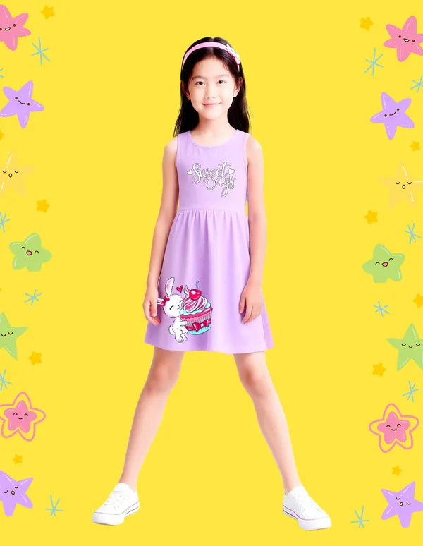 Nusyl_Girls_Lilac_&_White_Bunny_With_Cupcake_Printed_Pack_Of_2_Dresses_Soft_&_Comfortable_Dresses_Cozy_Summer_Wear_For_Kids_&_Teen_Girls