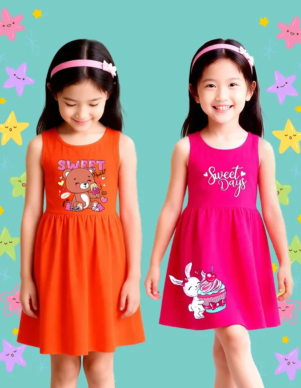Nusyl_Girls_Orange_&_Hot_Pink_Teddy_Printed_&_Sweet_Text_Printed_Pack_Of_2_Dresses_Soft_&_Comfortable_Dresses_Cozy_Summer_Wear_For_Kids_&_Teen_Girls