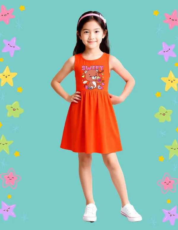 Nusyl_Girls_Orange_&_Hot_Pink_Teddy_Printed_&_Sweet_Text_Printed_Pack_Of_2_Dresses_Soft_&_Comfortable_Dresses_Cozy_Summer_Wear_For_Kids_&_Teen_Girls
