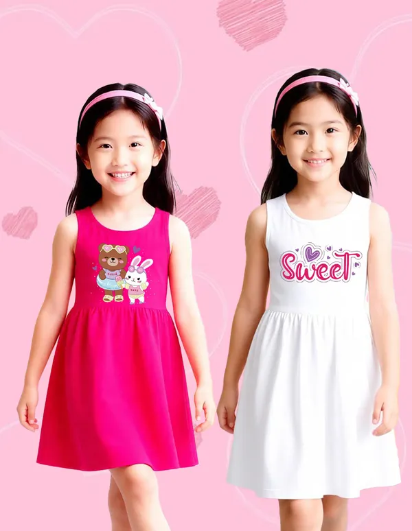 Nusyl_Girls_Hot_Pink_&_White_Sweet_Text_Printed_Pack_Of_2_Dresses_Soft_&_Comfortable_Dresses_Cozy_Summer_Wear_For_Kids_&_Teen_Girls