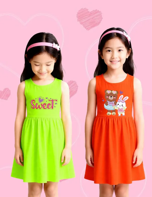 Nusyl_Girls_Green_&_Orange_Teddy_Printed_&_Bunny_Printed_Pack_Of_2_Dresses_Soft_&_Comfortable_Dresses_Cozy_Summer_Wear_For_Kids_&_Teen_Girls