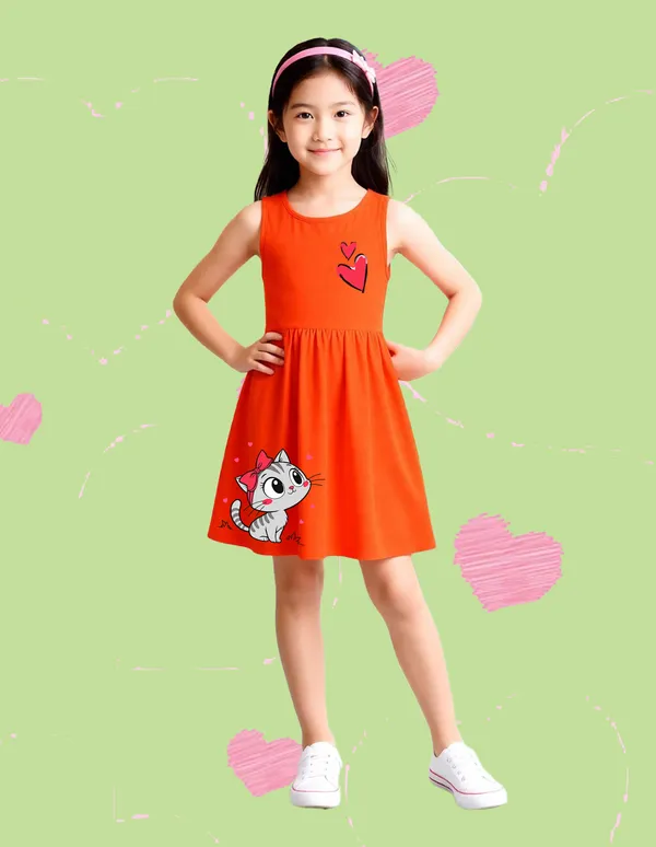 Nusyl_Girls_Orange_&_Lilac_Cat_Printed_Pack_Of_2_Dresses_Soft_&_Comfortable_Dresses_Cozy_Summer_Wear_For_Kids_&_Teen_Girls