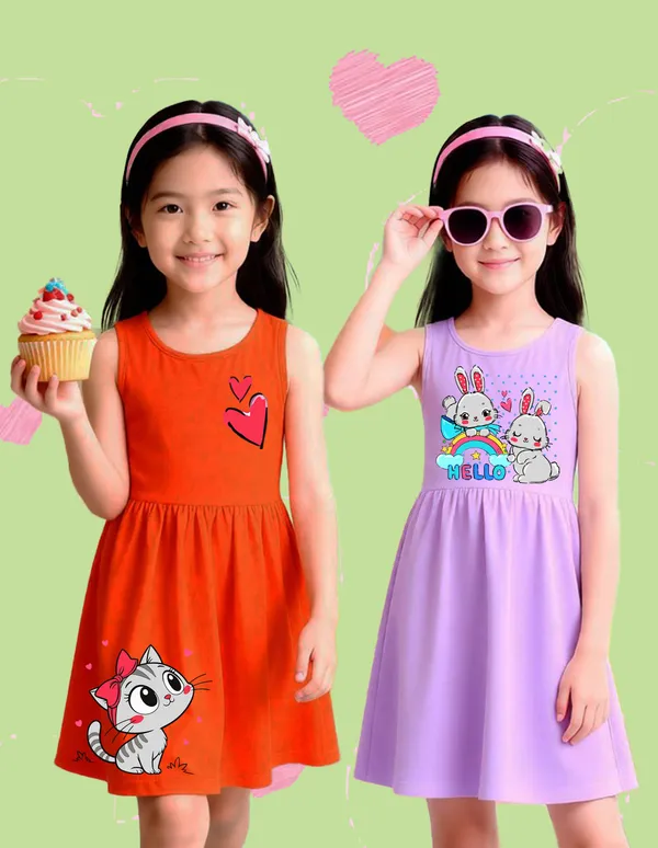 Nusyl_Girls_Orange_&_Lilac_Cat_Printed_Pack_Of_2_Dresses_Soft_&_Comfortable_Dresses_Cozy_Summer_Wear_For_Kids_&_Teen_Girls