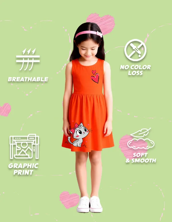 Nusyl_Girls_Orange_&_Lilac_Cat_Printed_Pack_Of_2_Dresses_Soft_&_Comfortable_Dresses_Cozy_Summer_Wear_For_Kids_&_Teen_Girls