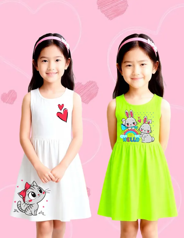Nusyl_Girls_White_&_Green_Bunnies_Printed_&_Rainbow_Printed_Pack_Of_2_Dresses_Soft_&_Comfortable_Dresses_Cozy_Summer_Wear_For_Kids_&_Teen_Girls