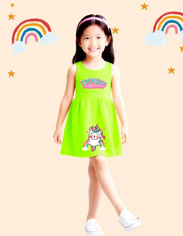 Nusyl_Girls_Green_&_Hot_Pink_Unicorn_Printed_&_Dream_Text_Printed_Pack_Of_2_Dresses_Soft_&_Comfortable_Dresses_Cozy_Summer_Wear_For_Kids_&_Teen_Girls
