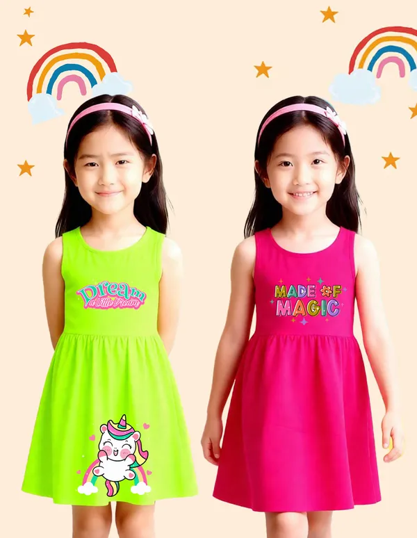 Nusyl_Girls_Green_&_Hot_Pink_Unicorn_Printed_&_Dream_Text_Printed_Pack_Of_2_Dresses_Soft_&_Comfortable_Dresses_Cozy_Summer_Wear_For_Kids_&_Teen_Girls