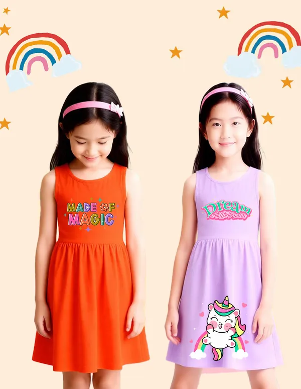 Nusyl_Girls_Orange_&_Lilac_Made_Of_Magic_Text_Printed_Pack_Of_2_Dresses_Soft_&_Comfortable_Dresses_Cozy_Summer_Wear_For_Kids_&_Teen_Girls