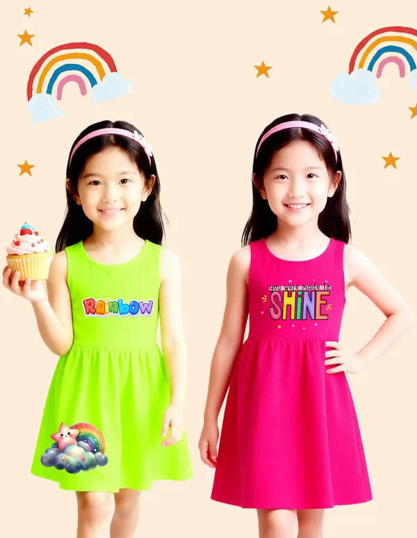 Nusyl_Girls_Green_&_Hot_Pink_Stars_Printed_&_Rainbow_Printed_Pack_Of_2_Dresses_Soft_&_Comfortable_Dresses_Cozy_Summer_Wear_For_Kids_&_Teen_Girls