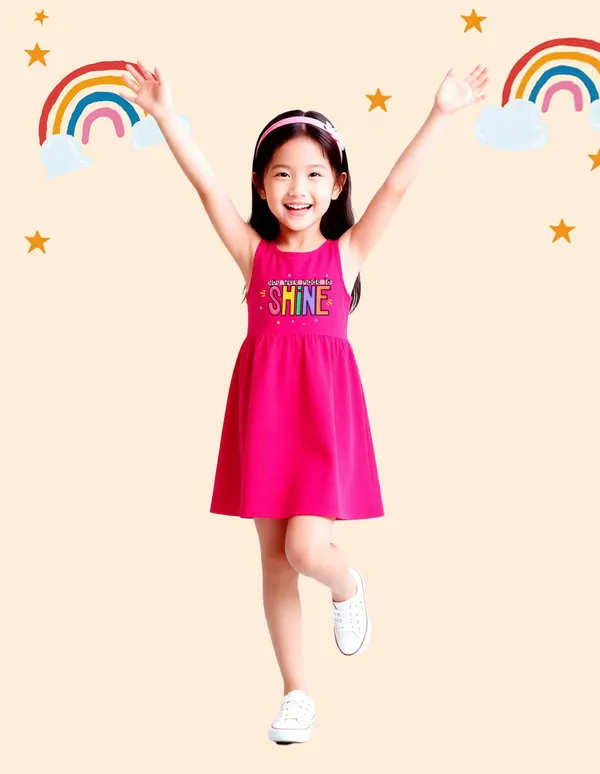Nusyl_Girls_Green_&_Hot_Pink_Stars_Printed_&_Rainbow_Printed_Pack_Of_2_Dresses_Soft_&_Comfortable_Dresses_Cozy_Summer_Wear_For_Kids_&_Teen_Girls