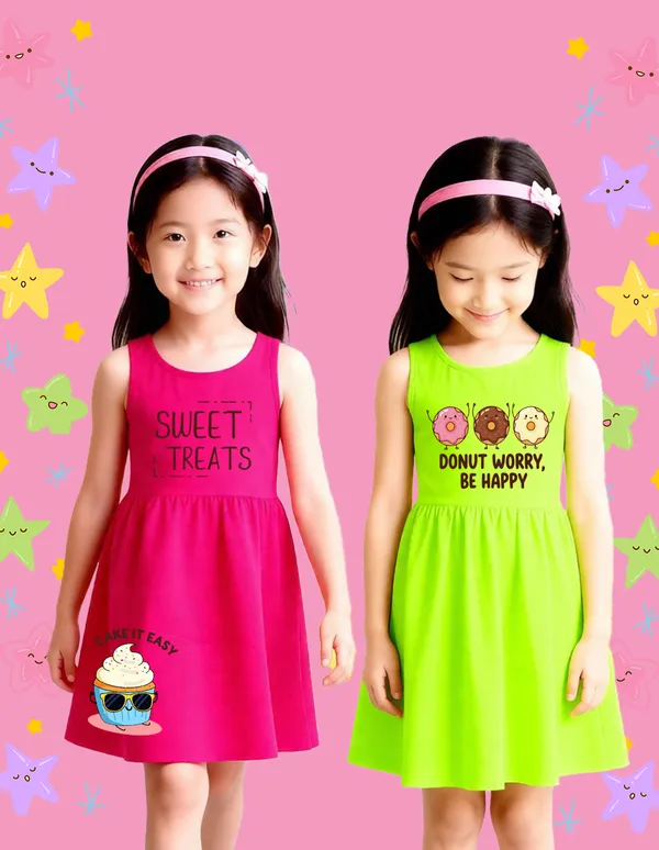 Nusyl_Girls_Green_&_Hot_Pink_Cake_It_Easy_Text_Printed_Pack_Of_2_Dresses_Soft_&_Comfortable_Dresses_Cozy_Summer_Wear_For_Kids_&_Teen_Girls