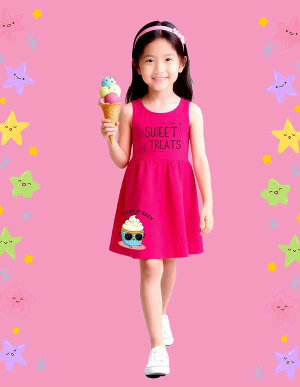 Nusyl_Girls_Green_&_Hot_Pink_Cake_It_Easy_Text_Printed_Pack_Of_2_Dresses_Soft_&_Comfortable_Dresses_Cozy_Summer_Wear_For_Kids_&_Teen_Girls