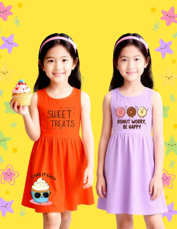 Nusyl_Girls_Orange_&_Lilac_Donut_Worry_Be_Happy_Text_Printed_Pack_Of_2_Dresses_Soft_&_Comfortable_Dresses_Cozy_Summer_Wear_For_Kids_&_Teen_Girls