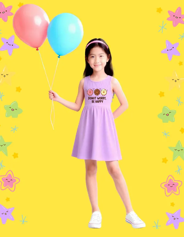Nusyl_Girls_Orange_&_Lilac_Donut_Worry_Be_Happy_Text_Printed_Pack_Of_2_Dresses_Soft_&_Comfortable_Dresses_Cozy_Summer_Wear_For_Kids_&_Teen_Girls