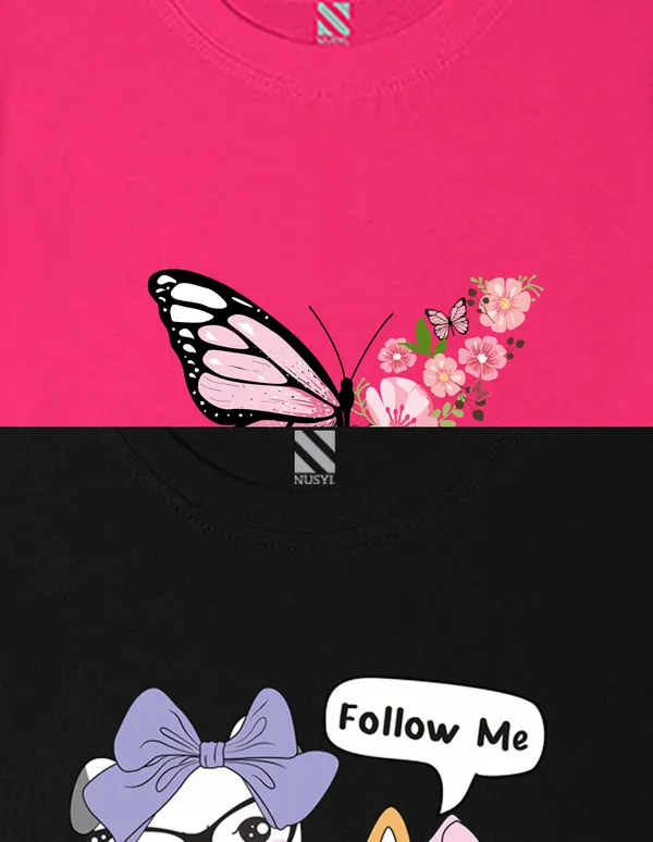 Nusyl_Girl_Hot_Pink_&_Black_Butterfly_Printed_&_Cats_Printed_Drop_Shoulder_T_Shirts_Pack_Of_2_Soft_&_Comfortable_Drop_Shoulder_T_Shirts_Cozy_Summer_Wear_For_Kids_&_Teen_Girls