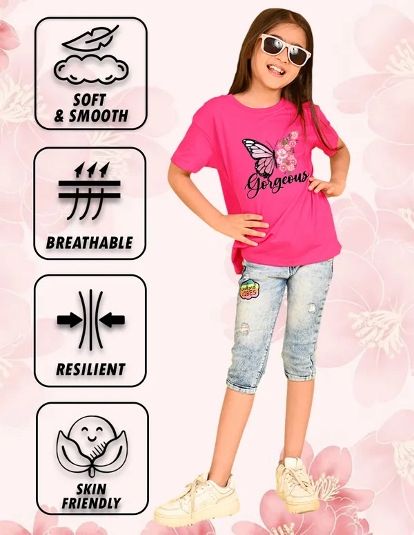 Nusyl_Girl_Hot_Pink_&_Black_Butterfly_Printed_&_Cats_Printed_Drop_Shoulder_T_Shirts_Pack_Of_2_Soft_&_Comfortable_Drop_Shoulder_T_Shirts_Cozy_Summer_Wear_For_Kids_&_Teen_Girls