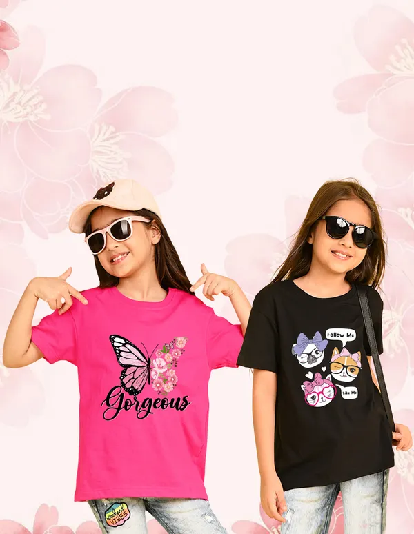 Nusyl_Girl_Hot_Pink_&_Black_Butterfly_Printed_&_Cats_Printed_Drop_Shoulder_T_Shirts_Pack_Of_2_Soft_&_Comfortable_Drop_Shoulder_T_Shirts_Cozy_Summer_Wear_For_Kids_&_Teen_Girls