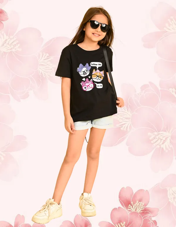 Nusyl_Girl_Hot_Pink_&_Black_Butterfly_Printed_&_Cats_Printed_Drop_Shoulder_T_Shirts_Pack_Of_2_Soft_&_Comfortable_Drop_Shoulder_T_Shirts_Cozy_Summer_Wear_For_Kids_&_Teen_Girls