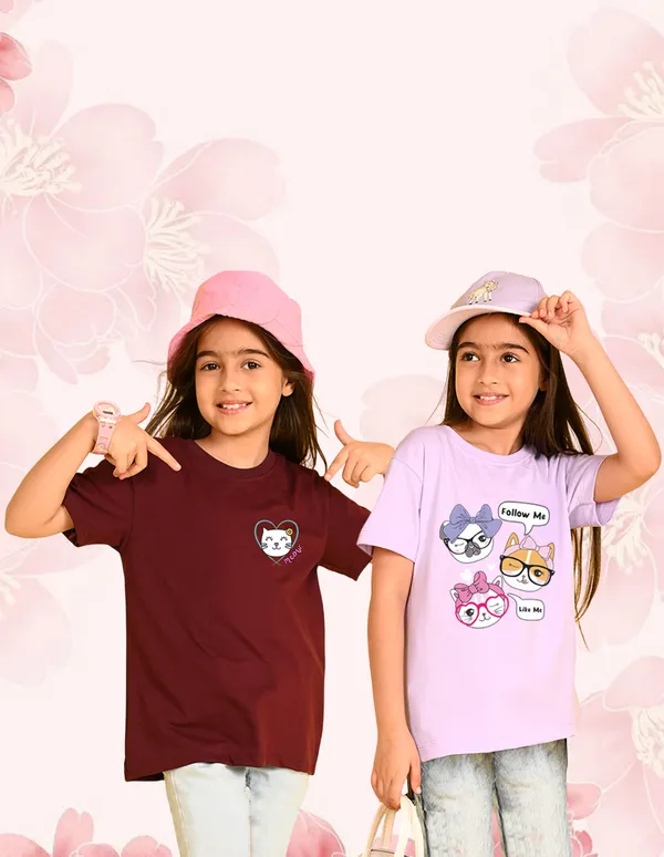 Nusyl_Girl_Lilac_&_Wine_Cats_Printed_Drop_Shoulder_T_Shirts_Pack_Of_2_Soft_&_Comfortable_Drop_Shoulder_T_Shirts_Cozy_Summer_Wear_For_Kids_&_Teen_Girls