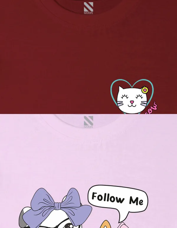 Nusyl_Girl_Lilac_&_Wine_Cats_Printed_Drop_Shoulder_T_Shirts_Pack_Of_2_Soft_&_Comfortable_Drop_Shoulder_T_Shirts_Cozy_Summer_Wear_For_Kids_&_Teen_Girls