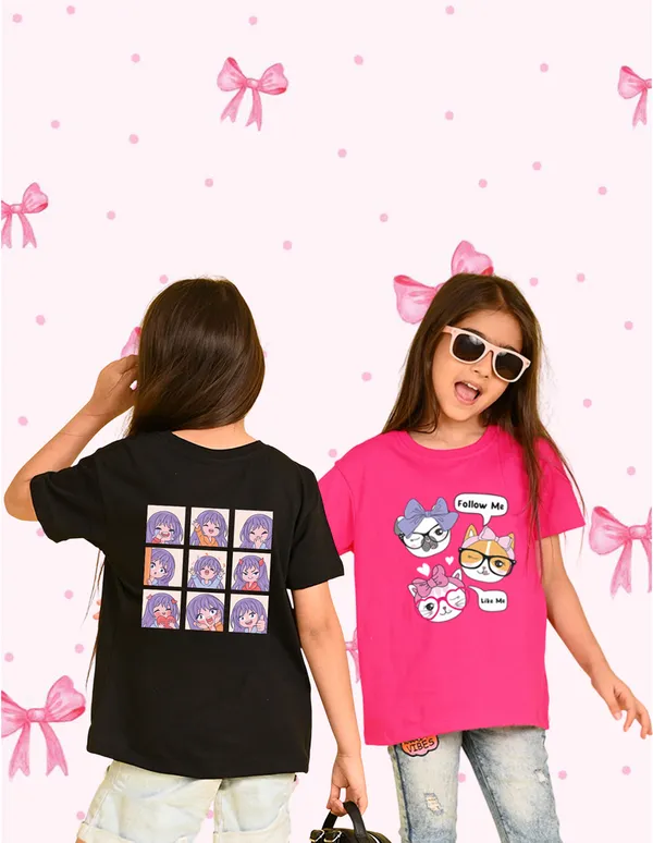 Nusyl_Girl_Black_&_Hot_Pink_Girls_Printed_&_Cats_Printed_Drop_Shoulder_T_Shirts_Pack_Of_2_Soft_&_Comfortable_Drop_Shoulder_T_Shirts_Cozy_Summer_Wear_For_Kids_&_Teen_Girls