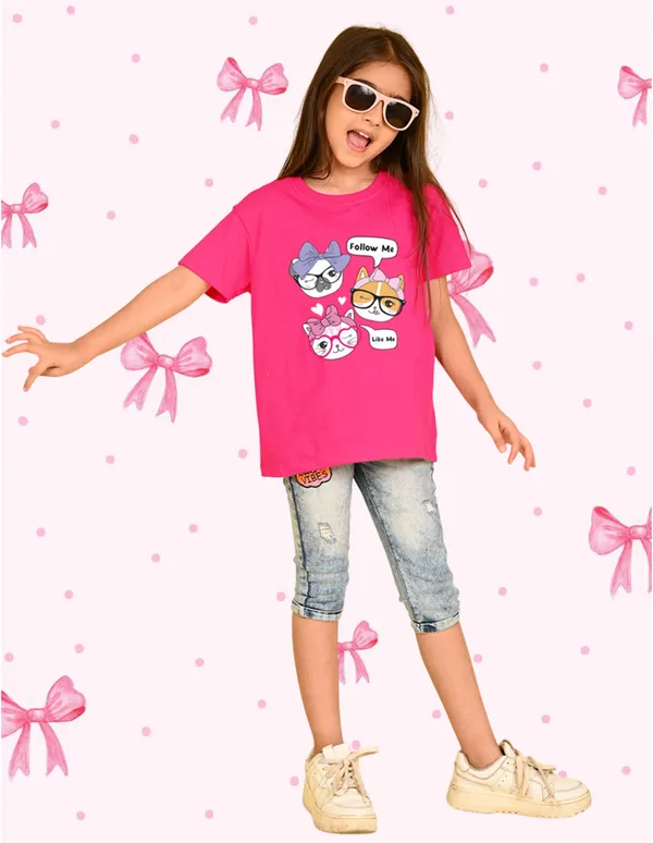 Nusyl_Girl_Black_&_Hot_Pink_Girls_Printed_&_Cats_Printed_Drop_Shoulder_T_Shirts_Pack_Of_2_Soft_&_Comfortable_Drop_Shoulder_T_Shirts_Cozy_Summer_Wear_For_Kids_&_Teen_Girls