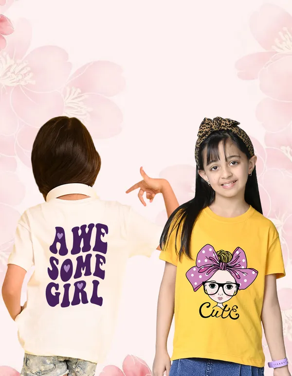 Nusyl_Girl_White_&_Yellow_Awesome_Girl_Text_Printed_&_Girl_Printed_Drop_Shoulder_T_Shirts_Pack_Of_2_Soft_&_Comfortable_Drop_Shoulder_T_Shirts_Cozy_Summer_Wear_For_Kids_&_Teen_Girls