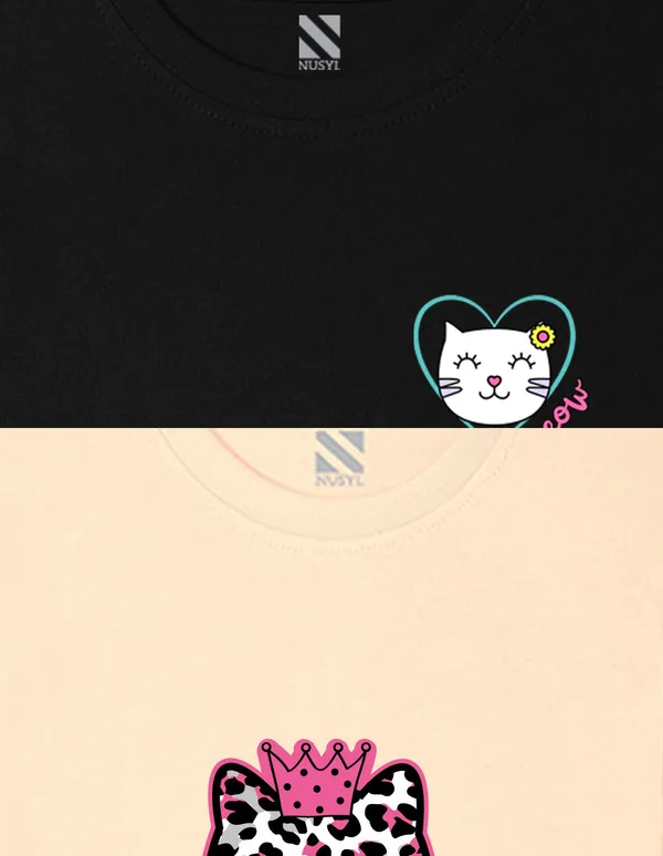 Nusyl_Girl_Black_&_Beige_Meow_Text_Printed_&_Cats_Printed_Drop_Shoulder_T_Shirts_Pack_Of_2_Soft_&_Comfortable_Drop_Shoulder_T_Shirts_Cozy_Summer_Wear_For_Kids_&_Teen_Girls