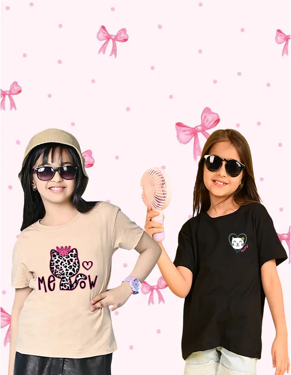 Nusyl_Girl_Black_&_Beige_Meow_Text_Printed_&_Cats_Printed_Drop_Shoulder_T_Shirts_Pack_Of_2_Soft_&_Comfortable_Drop_Shoulder_T_Shirts_Cozy_Summer_Wear_For_Kids_&_Teen_Girls
