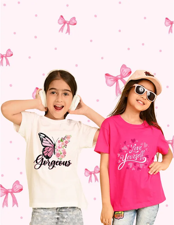 Nusyl_Girl_White_&_Hot_Pink_Butterfly_Printed_&_Love_Text_Printed_Drop_Shoulder_T_Shirts_Pack_Of_2_Soft_&_Comfortable_Drop_Shoulder_T_Shirts_Cozy_Summer_Wear_For_Kids_&_Teen_Girls