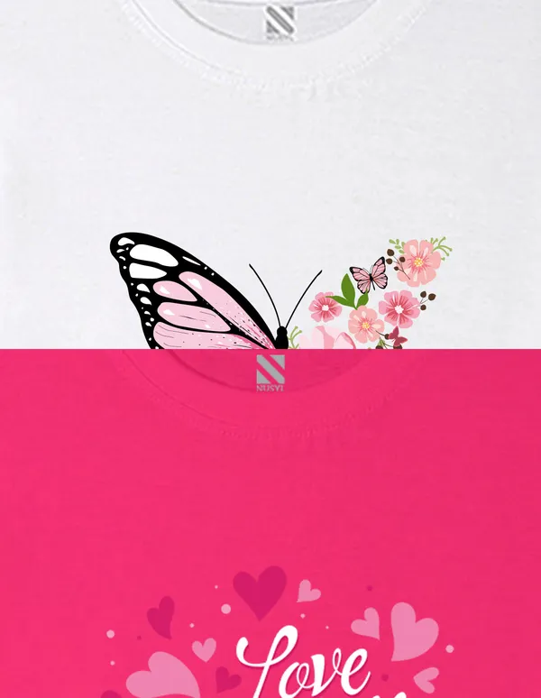 Nusyl_Girl_White_&_Hot_Pink_Butterfly_Printed_&_Love_Text_Printed_Drop_Shoulder_T_Shirts_Pack_Of_2_Soft_&_Comfortable_Drop_Shoulder_T_Shirts_Cozy_Summer_Wear_For_Kids_&_Teen_Girls