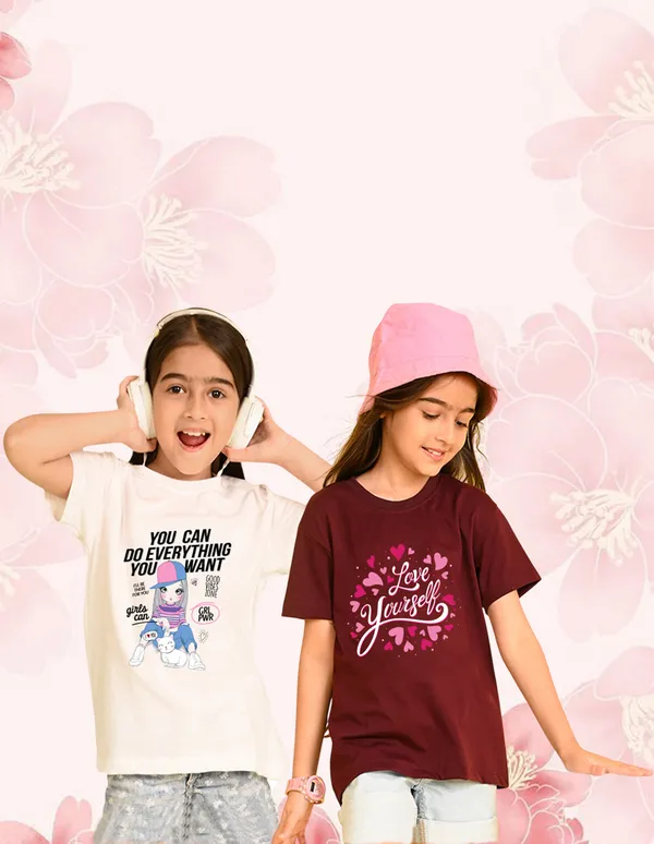 Nusyl_Girl_White_&_Wine_Girl_Printed_&_Love_Text_Printed_Drop_Shoulder_T_Shirts_Pack_Of_2_Soft_&_Comfortable_Drop_Shoulder_T_Shirts_Cozy_Summer_Wear_For_Kids_&_Teen_Girls