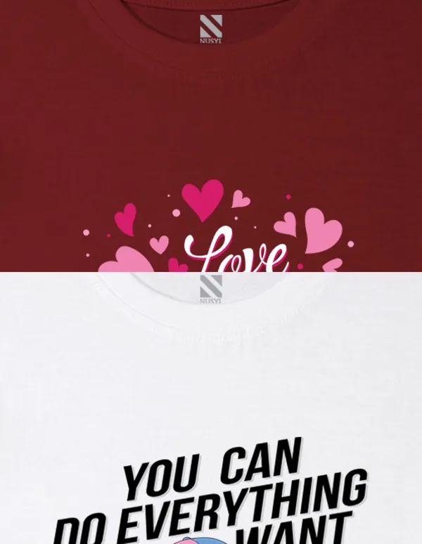 Nusyl_Girl_White_&_Wine_Girl_Printed_&_Love_Text_Printed_Drop_Shoulder_T_Shirts_Pack_Of_2_Soft_&_Comfortable_Drop_Shoulder_T_Shirts_Cozy_Summer_Wear_For_Kids_&_Teen_Girls