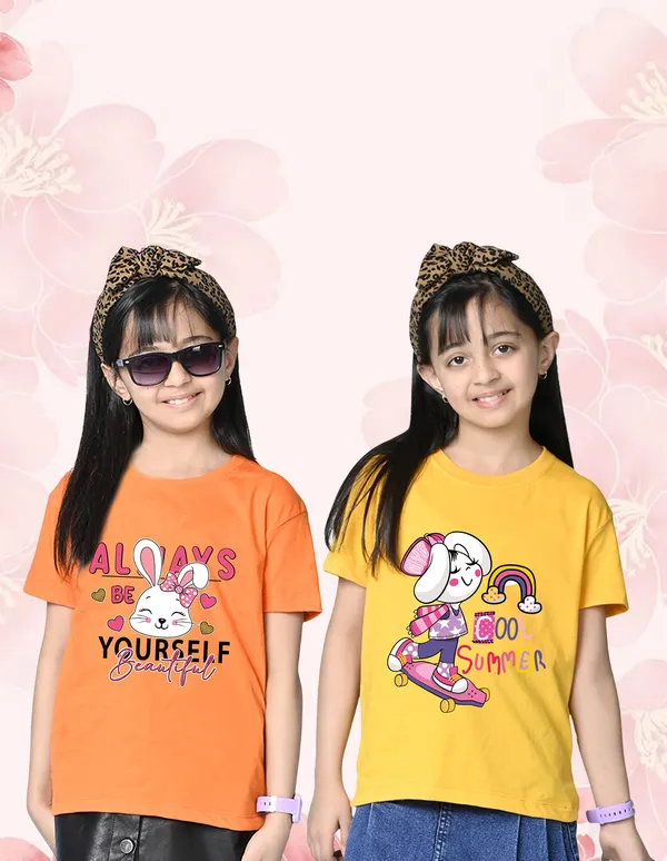 Nusyl_Girl_Orange_&_Yellow_Bunny_Printed_&_Summer_Text_Printed_Drop_Shoulder_T_Shirts_Pack_Of_2_Soft_&_Comfortable_Drop_Shoulder_T_Shirts_Cozy_Summer_Wear_For_Kids_&_Teen_Girls