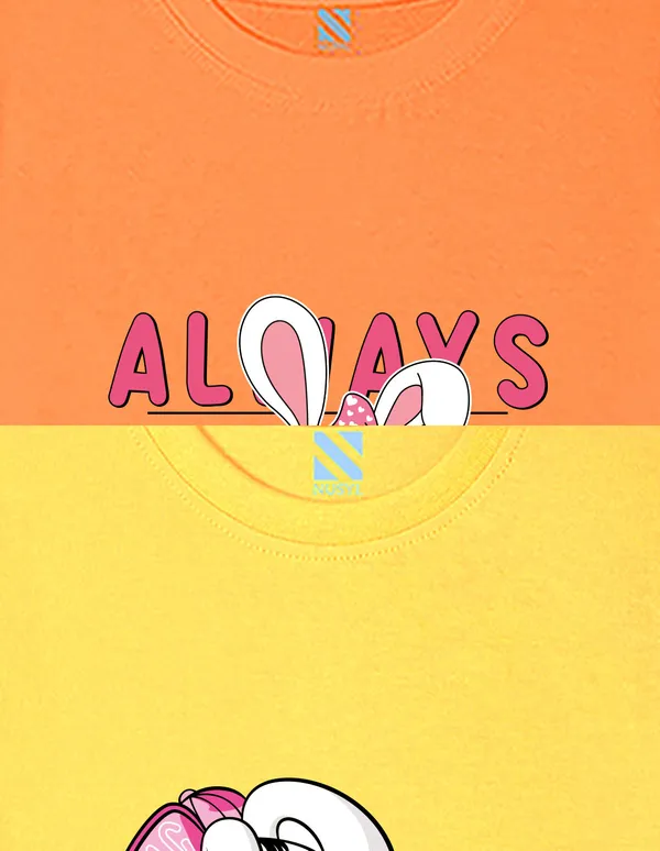 Nusyl_Girl_Orange_&_Yellow_Bunny_Printed_&_Summer_Text_Printed_Drop_Shoulder_T_Shirts_Pack_Of_2_Soft_&_Comfortable_Drop_Shoulder_T_Shirts_Cozy_Summer_Wear_For_Kids_&_Teen_Girls