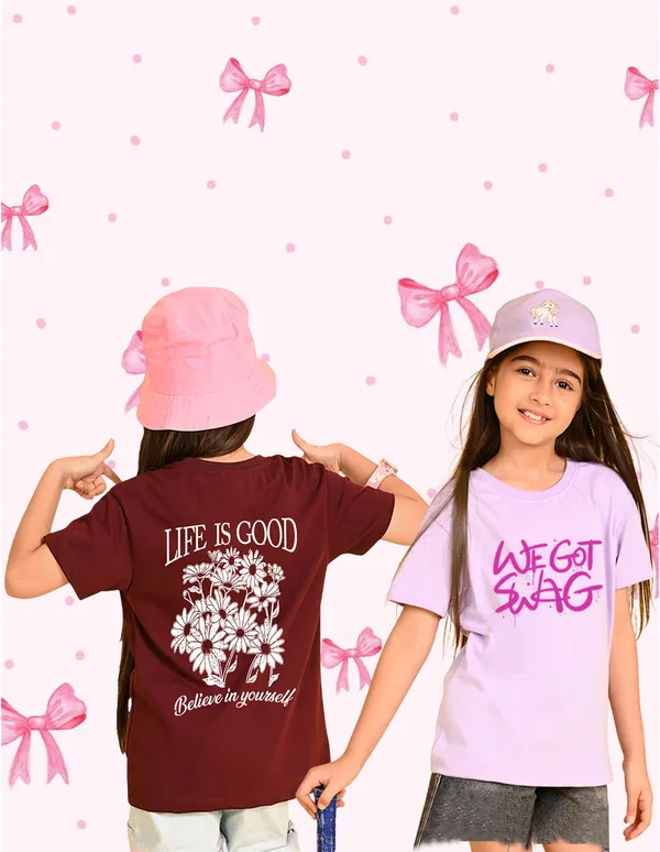 Nusyl_Girl_Lilac_&_Wine_Life_Is_Good_Text_Printed_&_Swag_Text_Printed_Drop_Shoulder_T_Shirts_Pack_Of_2_Soft_&_Comfortable_Drop_Shoulder_T_Shirts_Cozy_Summer_Wear_For_Kids_&_Teen_Girls