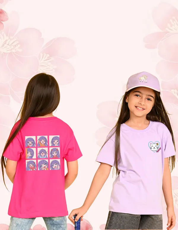 Nusyl_Girl_Hot_Pink_&_Lilac_Girls_Printed_&_Cat_Printed_Drop_Shoulder_T_Shirts_Pack_Of_2_Soft_&_Comfortable_Drop_Shoulder_T_Shirts_Cozy_Summer_Wear_For_Kids_&_Teen_Girls