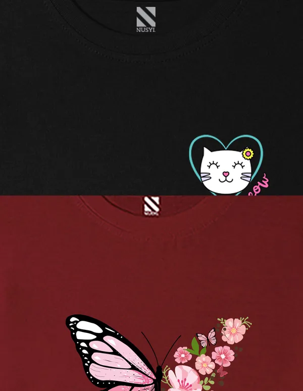 Nusyl_Girl_Black_&_Wine_Butterfly_Printed_&_Cat_Printed_Drop_Shoulder_T_Shirts_Pack_Of_2_Soft_&_Comfortable_Drop_Shoulder_T_Shirts_Cozy_Summer_Wear_For_Kids_&_Teen_Girls